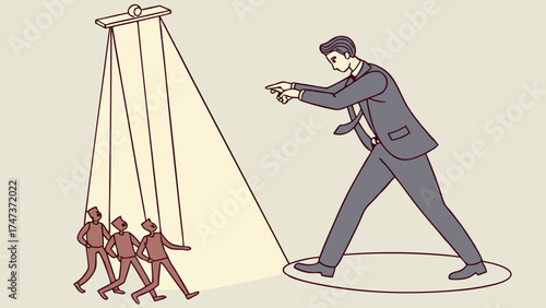 Illustration of a large figure controlling smaller figures with strings symbolizing manipulation control and power dynamics in business or society.
