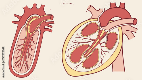 Human heart anatomy internal structure cross section medical illustration organ diagram cardiovascular system chambers valves arteries veins biology healthcare medicine science educ.