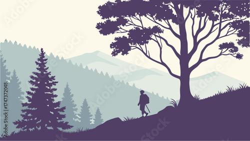 Silhouette of a hiker walking a mountain trail with trees and mountain range in the background.