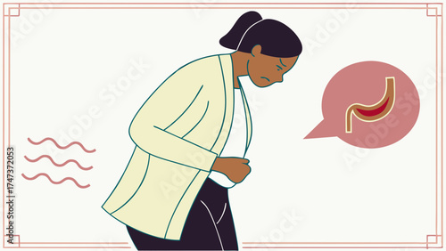 Illustration of a Person Experiencing Stomach Pain with Stomach Anatomy Diagram.