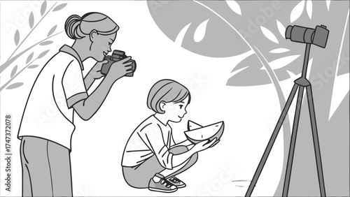 Illustration of a photography session featuring a child and an adult capturing a candid moment with fruit.