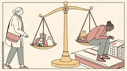 Illustration of a scale balancing value and cost A woman makes a purchase.