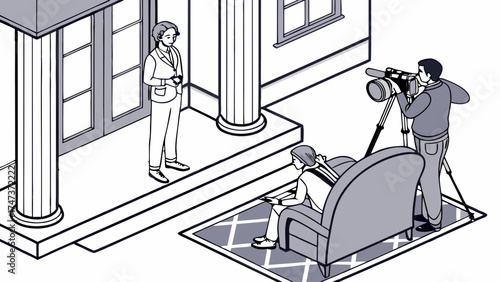 Isometric Illustration of a Film Crew Filming an Interview Outside a Building.