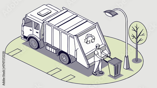 Isometric Illustration of a Garbage Truck and Sanitation Worker Emptying a Recycling Bin.