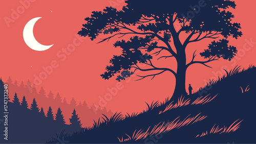 Silhouette of a person standing near a large tree at dusk with a crescent moon and forest in the background.