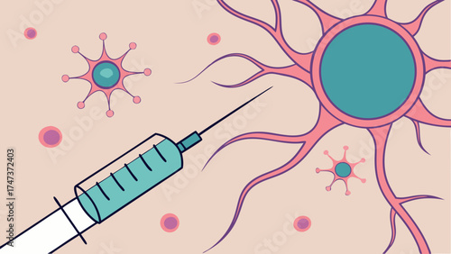 Medical Illustration Syringe Injecting Fluid into Neuron Cell Healthcare Concept.