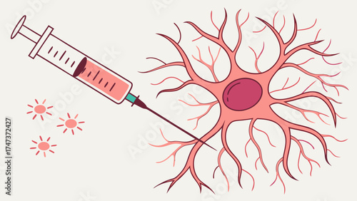 Medical Illustration Syringe Injecting Neuron Cell Healthcare Science Concept.