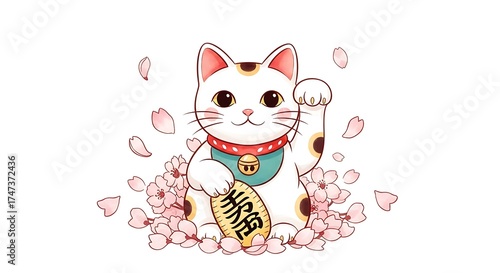 Lucky Cat Maneki Neko with cherry blossom illustration