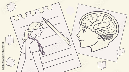 Medical professional writing notes brain diagram puzzle pieces healthcare mental health illustration.