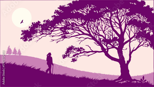 Silhouette of a person walking in a nature landscape with a large tree and a bird in flight at sunset or sunrise.
