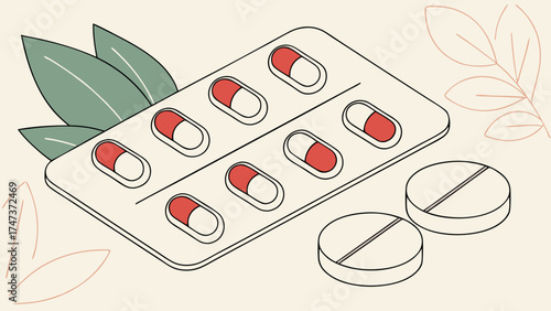 Medication blister pack with pills and leaves illustration.