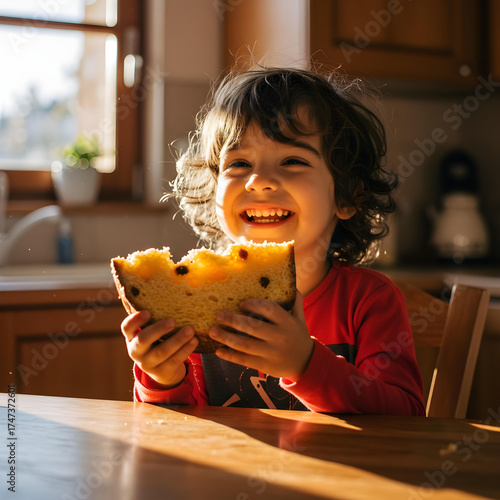 Close up portrait of a child eating a slice of panettone in a kitchen