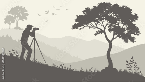 Silhouette of a photographer with camera on tripod capturing a mountain landscape with trees and birds in flight.