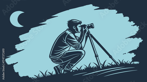 Night Photography Photographer Silhouette DSLR Camera Tripod Moonlit Scene Artistic Illustration Nature Photography Dark Background Vector Graphic Professional Photographer Night Landsc.