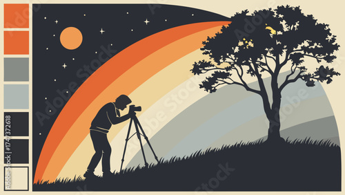 Silhouette of a photographer with camera on tripod capturing a nighttime landscape with a rainbow and tree under a starry sky.