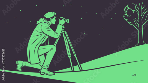 Night Photography Photographer with Camera on Tripod Nature Scene Starry Sky Landscape Illustration.