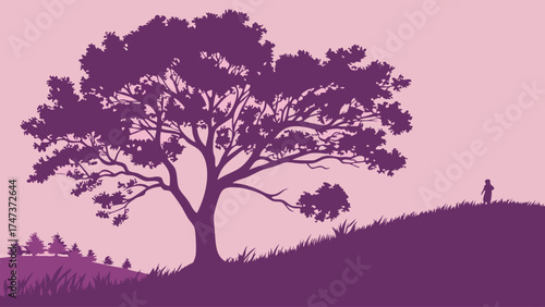 Silhouette of a tree person and hill purple color palette nature illustration vector graphic.
