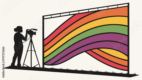 Silhouette of a videographer filming a colorful striped backdrop.