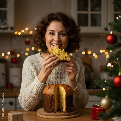 Close up portrait of a woman eating a slice of panettone