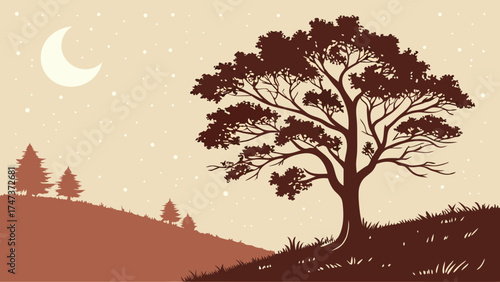 Nighttime landscape with a large tree crescent moon and stars illustration.