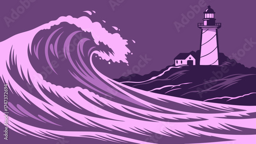 Ocean wave crashing near a lighthouse at night vector illustration purple color scheme.