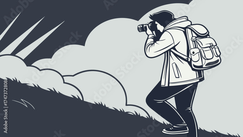 Photographer on a hill taking photos of dramatic cloudscape vector illustration monochrome style.