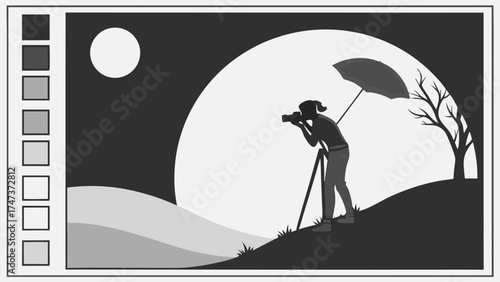 Photographer Silhouette Capturing Landscape Under Moonlight with Tripod and Reflector Umbrella.
