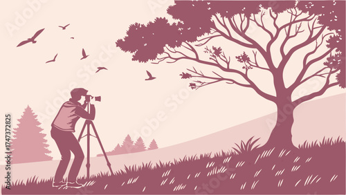 Silhouette of Photographer with Camera on Tripod in Nature Scene with Birds and Trees.