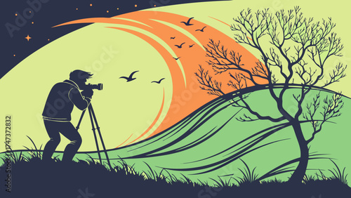 Photographer Silhouette Capturing Sunset Landscape with Birds and Tree.