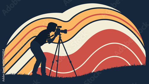 Photographer Silhouette with Camera on Tripod Retro Style Background Graphic Design Illustration.