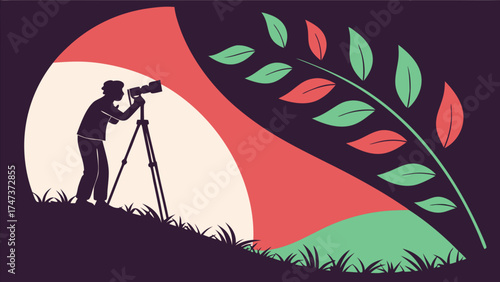 Silhouette of Photographer with Camera on Tripod Nature Scene Artistic Vector Illustration.