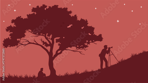 Silhouette of Photographer with Tripod at Night Under a Tree with a Person Sitting in the Grass Vector Illustration Graphic Design Nature Photography Dark Red Starry Night.