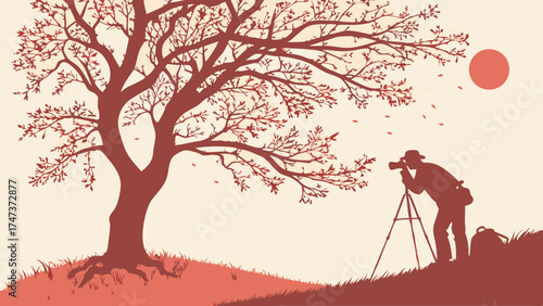 Photographer Silhouetted Against a Large Tree and Setting Sun Autumnal Landscape Illustration.