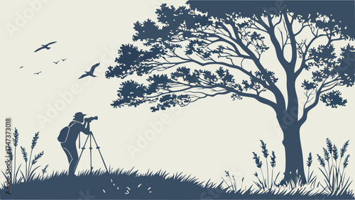 Photographer taking nature photos with camera on tripod near large tree and flying birds.