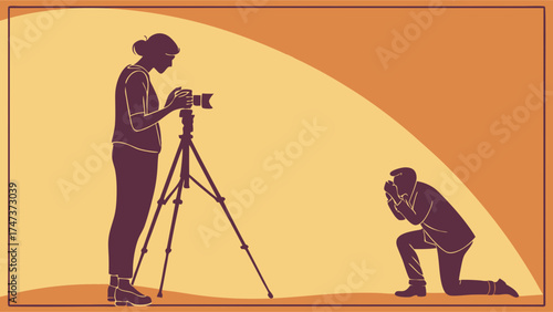Photographer taking picture of a kneeling person silhouette illustration studio shoot artistic photography vector illustration.