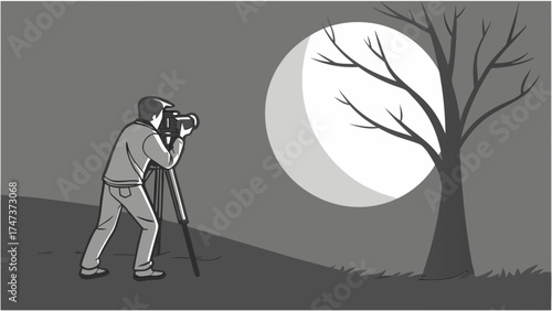 Photographer taking picture of a large moon behind a tree at night.