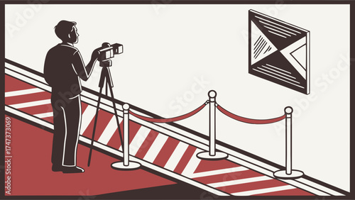 Photographer taking picture of artwork with camera on tripod isolated vector illustration.