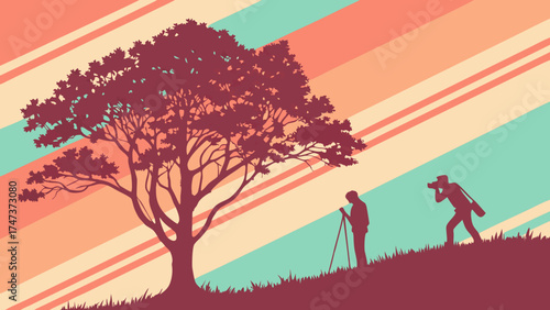 Silhouette of Photographers with a Tree and Abstract Background Artistic Nature Photography Illustration.