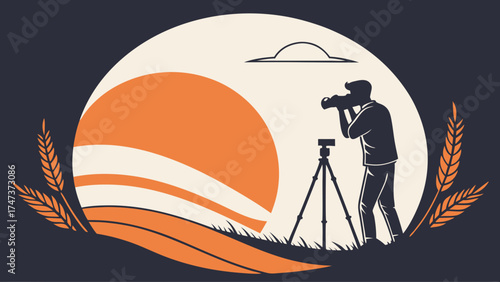Photographer Taking Pictures at Sunset with Tripod Silhouette Style Illustration.