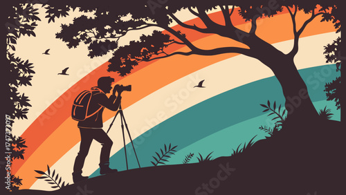 Photographer taking pictures in nature with a tripod and backpack silhouette illustration with rainbow background.