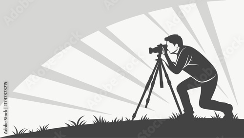 Photographer using a tripod taking a picture outdoors in nature professional photography silhouette style illustration.