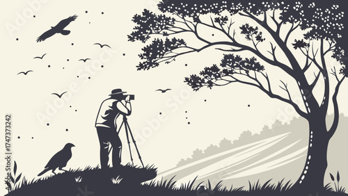 Photographer with Camera on Tripod in Nature Scene Birds in Flight Silhouette Illustration.