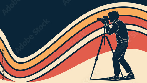 Photographer with camera on tripod retro style illustration vector graphic vintage design photography equipment artistic silhouette.