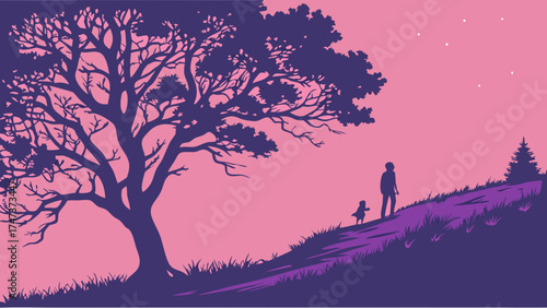 Silhouette of two figures walking uphill at dusk near a large tree and under a pink sky.