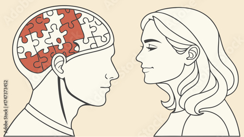 Puzzle pieces inside a head facing another head concept illustration for connection relationship understanding or psychology.