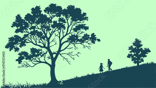 Silhouette of two figures walking on a hill beneath large trees nature illustration vector art.