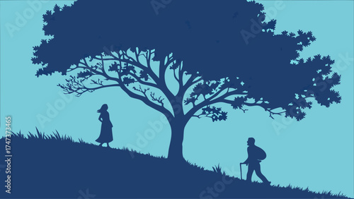 Silhouette of two figures walking past a large tree on a hill vector illustration.