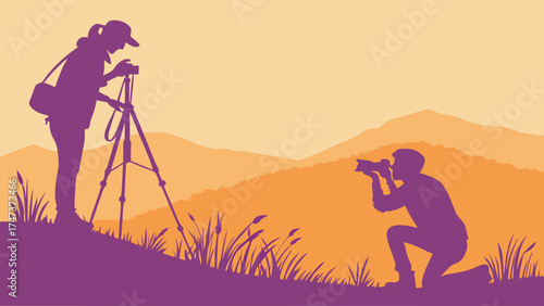Silhouette of two photographers capturing a scenic landscape with a camera and tripod photography hobby outdoor adventure nature backdrop.