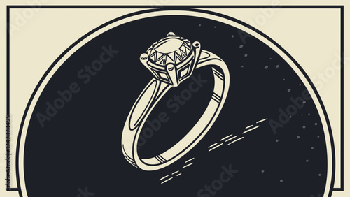 Solitaire Diamond Ring Illustration Vintage Style Jewelry Design Engagement Ring Graphic Elegant Accessory Artwork.
