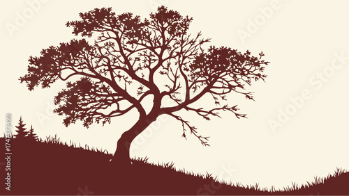 Single tree silhouette on a hill with grass and small tree nature illustration vector art graphic design element.